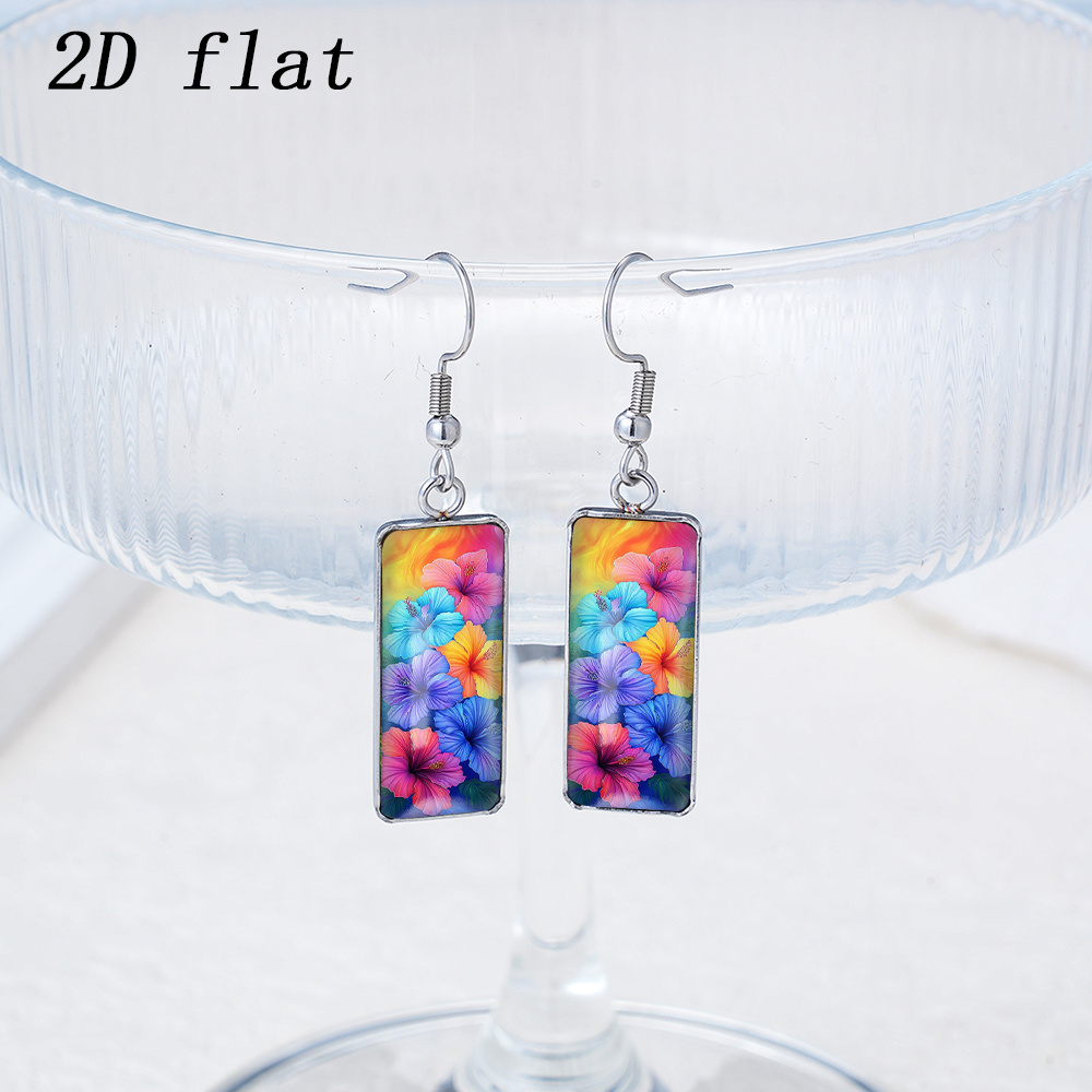 Women's 2D Flat Rainbow Hibiscus Flower Glass Cabochon Earrings